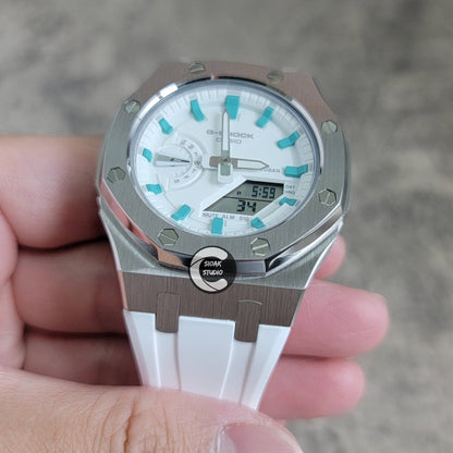 Casioak Mod Watch Silver Case White Rubber Strap White Tiff Time Mark White Dial 42mm- Casioak Mod Casio G-Shock Royal Oak Custom Mens Luxury Watches Ga2100