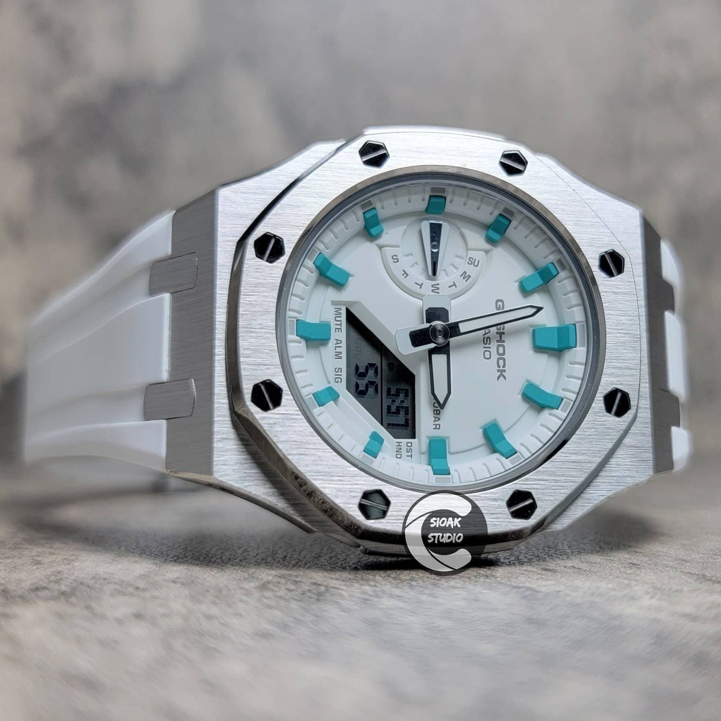 Casioak Mod Watch Silver Case White Rubber Strap White Tiff Time Mark White Dial 42mm- Casioak Mod Casio G-Shock Royal Oak Custom Mens Luxury Watches Ga2100