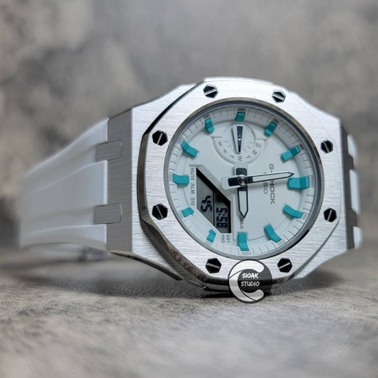 Casioak Mod Watch Silver Case White Rubber Strap White Tiff Time Mark White Dial 42mm- Casioak Mod Casio G-Shock Royal Oak Custom Mens Luxury Watches Ga2100