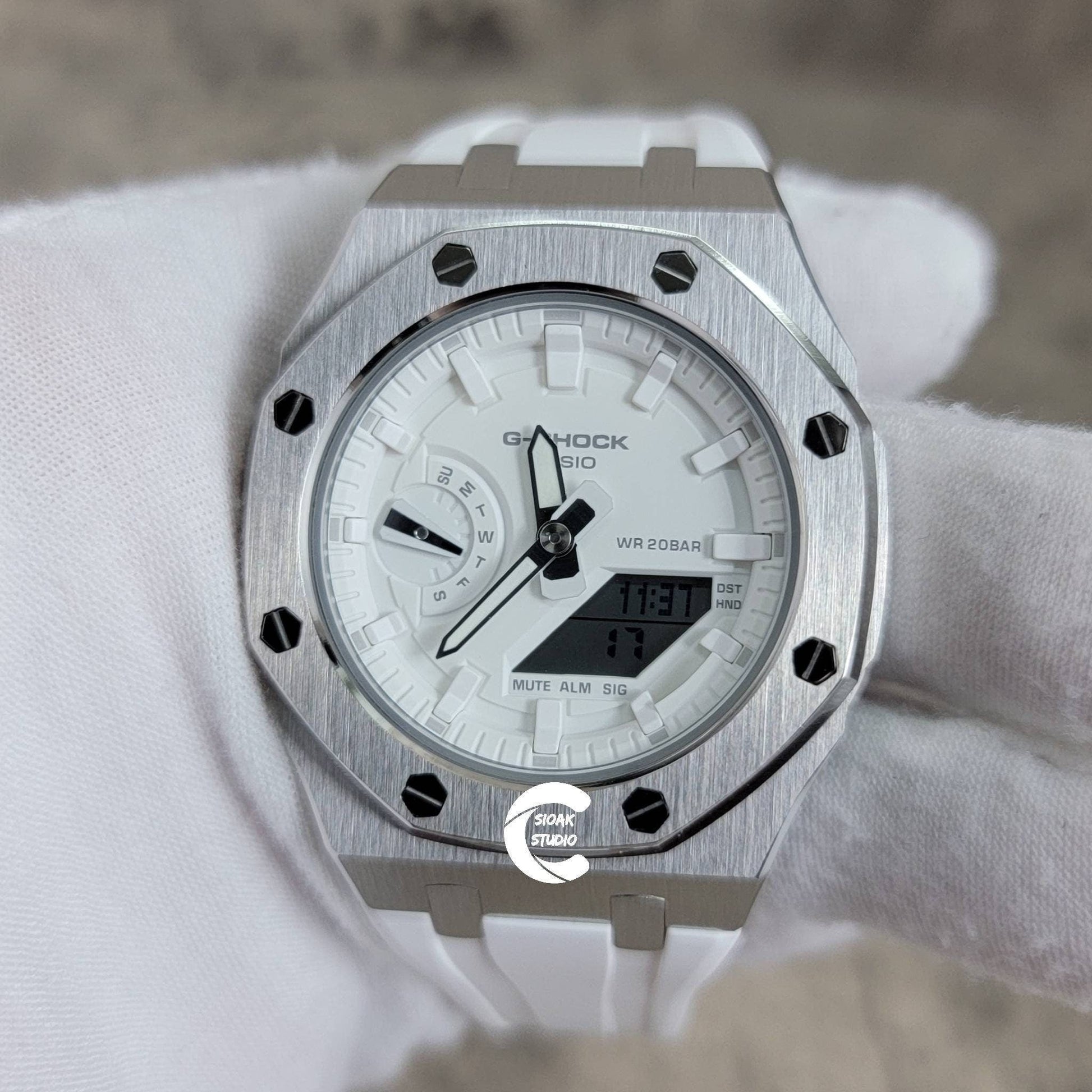 Casioak Mod Watch Silver Case White Rubber Strap White Time Mark White Dial 42mm- Casioak Mod Casio G-Shock Royal Oak Custom Mens Luxury Watches Ga2100