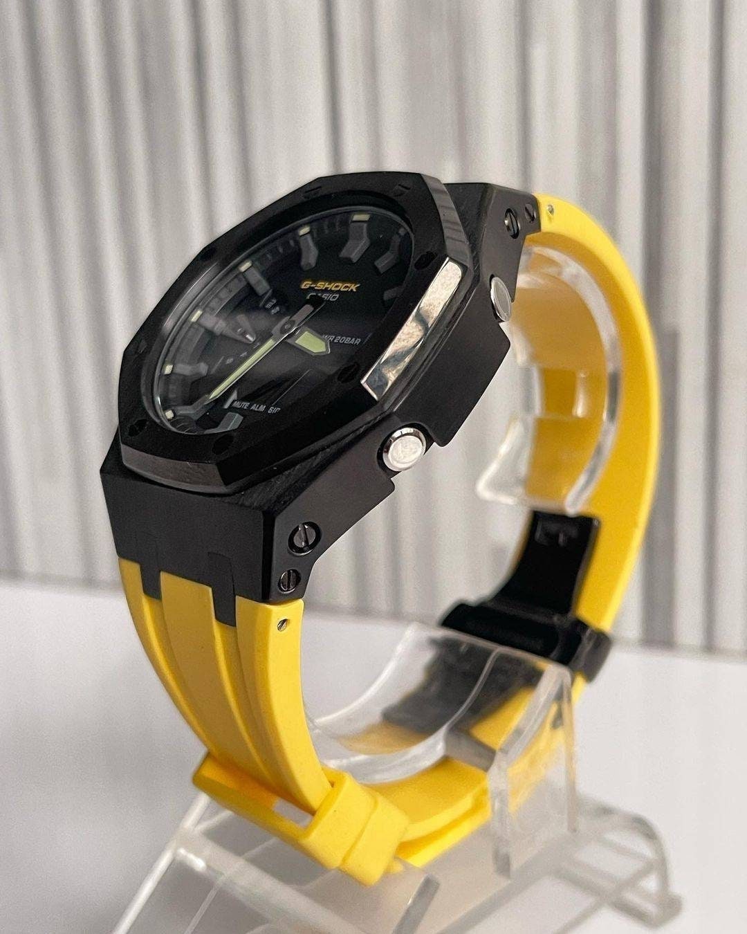 Casioak Mod Watch Silver Case Yellow Rubber Strap Black Gray Time Mark Black Dial 44mm- Casioak Mod Casio G-Shock Royal Oak Custom Mens Luxury Watches Ga2100