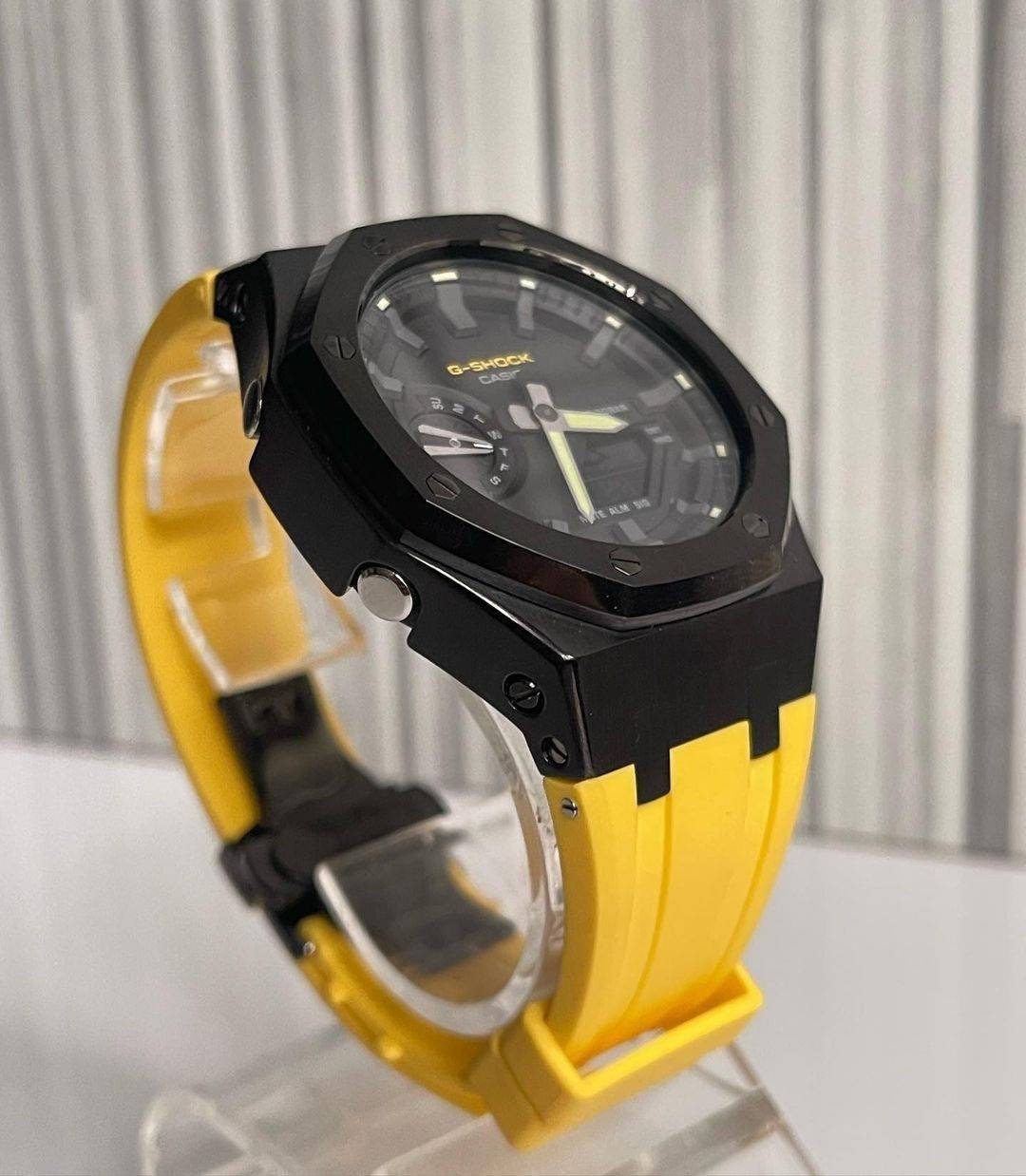 Casioak Mod Watch Silver Case Yellow Rubber Strap Black Gray Time Mark Black Dial 44mm- Casioak Mod Casio G-Shock Royal Oak Custom Mens Luxury Watches Ga2100