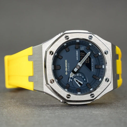 Casioak Mod Watch Silver Case Yellow Rubber Strap Blue Black Time Mark Blue Dial 44mm Gray- Casioak Mod Casio G-Shock Royal Oak Custom Mens Luxury Watches Ga2100