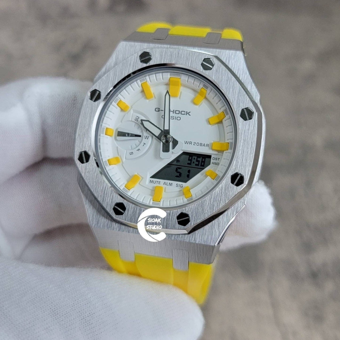 Casioak Mod Watch Silver Case Yellow Rubber Strap White Yellow Time Mark White Dial 42mm- Casioak Mod Casio G-Shock Royal Oak Custom Mens Luxury Watches Ga2100