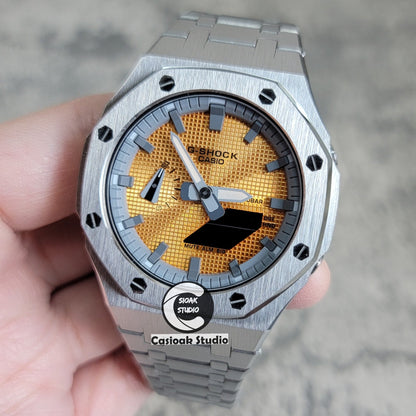 Casioak Mod Watch Sliver Case Metal Strap Gray Time Mark Gold Waffle Dial 44mm- Casioak Mod Casio G-Shock Royal Oak Custom Mens Luxury Watches Ga2100