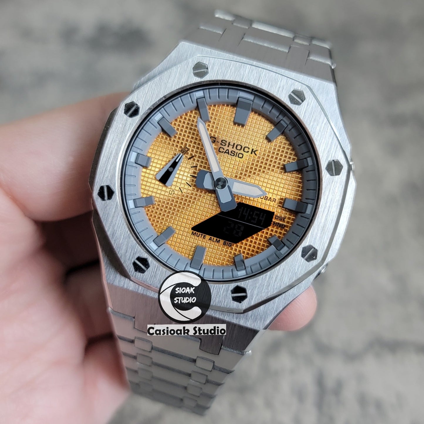 Casioak Mod Watch Sliver Case Metal Strap Gray Time Mark Gold Waffle Dial 44mm- Casioak Mod Casio G-Shock Royal Oak Custom Mens Luxury Watches Ga2100