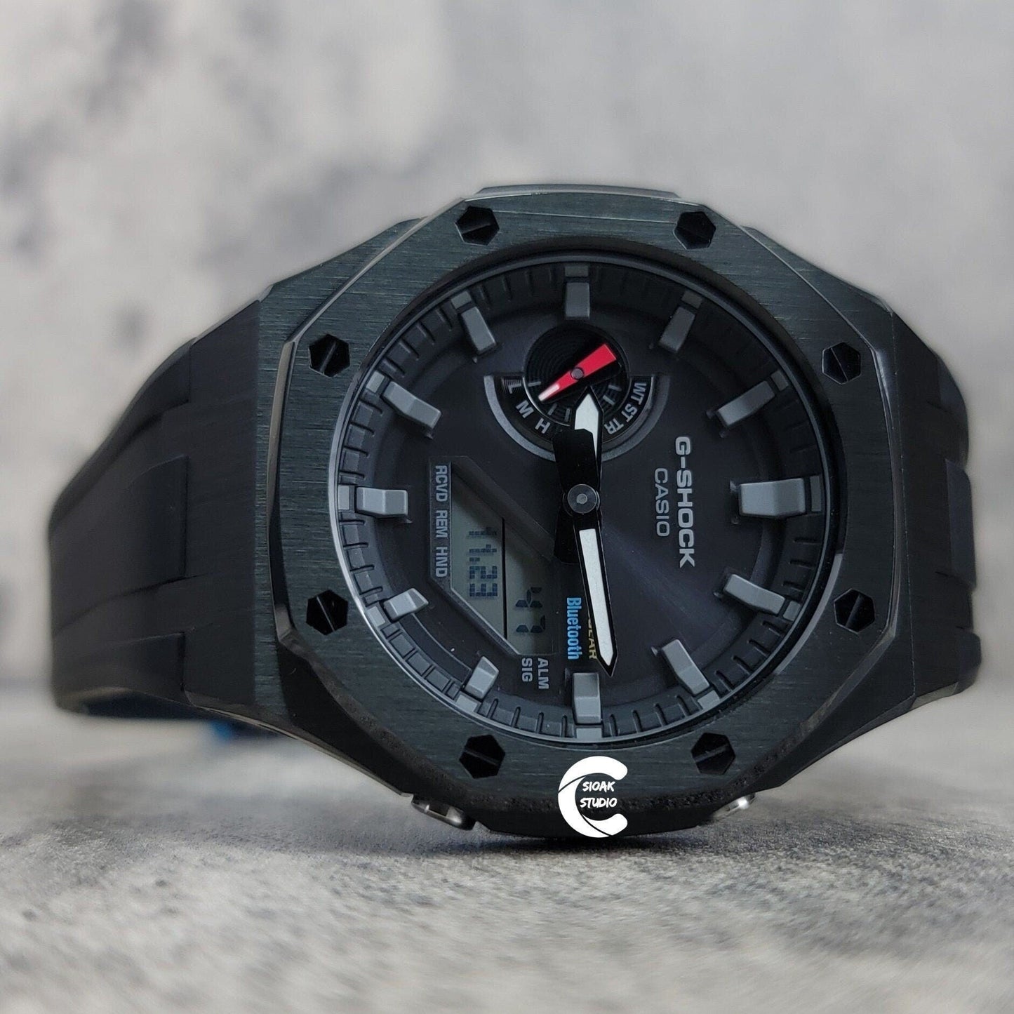 Casioak Mod Watch Solar Bluetooth Black Case Black Rubber Strap Black Gray Time Mark Black Dial 44mm- Casioak Mod Casio G-Shock Royal Oak Custom Mens Luxury Watches Ga2100