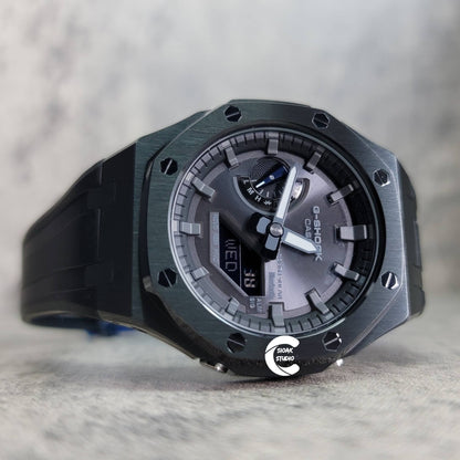 Casioak Mod Watch Solar Bluetooth Black Case Black Rubber Strap Black Gray Time Mark Black Gray Dial 44mm- Casioak Mod Casio G-Shock Royal Oak Custom Mens Luxury Watches Ga2100