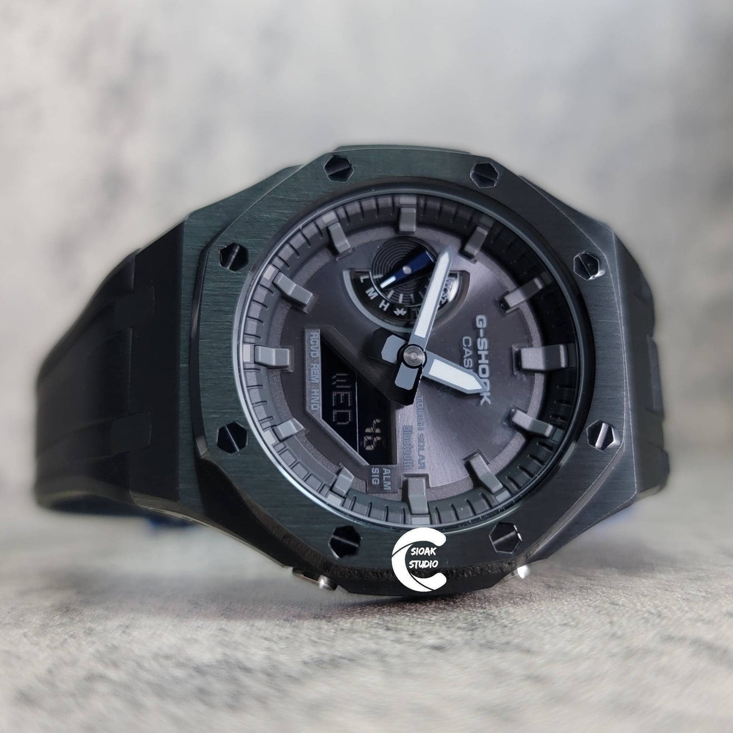 Casioak Mod Watch Solar Bluetooth Black Case Black Rubber Strap Black Gray Time Mark Black Gray Dial 44mm- Casioak Mod Casio G-Shock Royal Oak Custom Mens Luxury Watches Ga2100