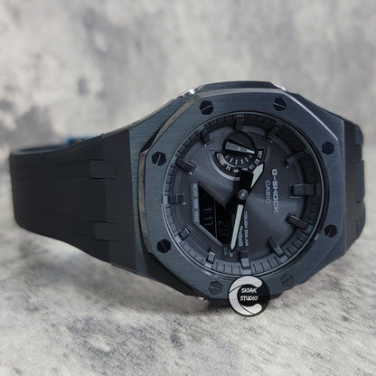 Casioak Mod Watch Solar Bluetooth Black Case Black Rubber Strap Black Time Mark Black Dial 44mm- Casioak Mod Casio G-Shock Royal Oak Custom Mens Luxury Watches Ga2100