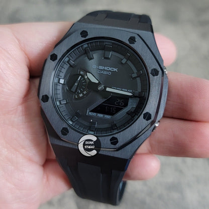 Casioak Mod Watch Solar Bluetooth Black Case Black Rubber Strap Black Time Mark Black Dial 44mm- Casioak Mod Casio G-Shock Royal Oak Custom Mens Luxury Watches Ga2100