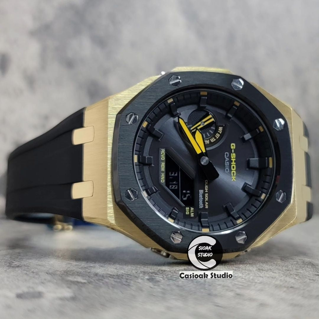 Casioak Mod Watch Solar Bluetooth Black Case Black Rubber Strap Black Time Mark Black Dial 44mm- Casioak Mod Casio G-Shock Royal Oak Custom Mens Luxury Watches Ga2100