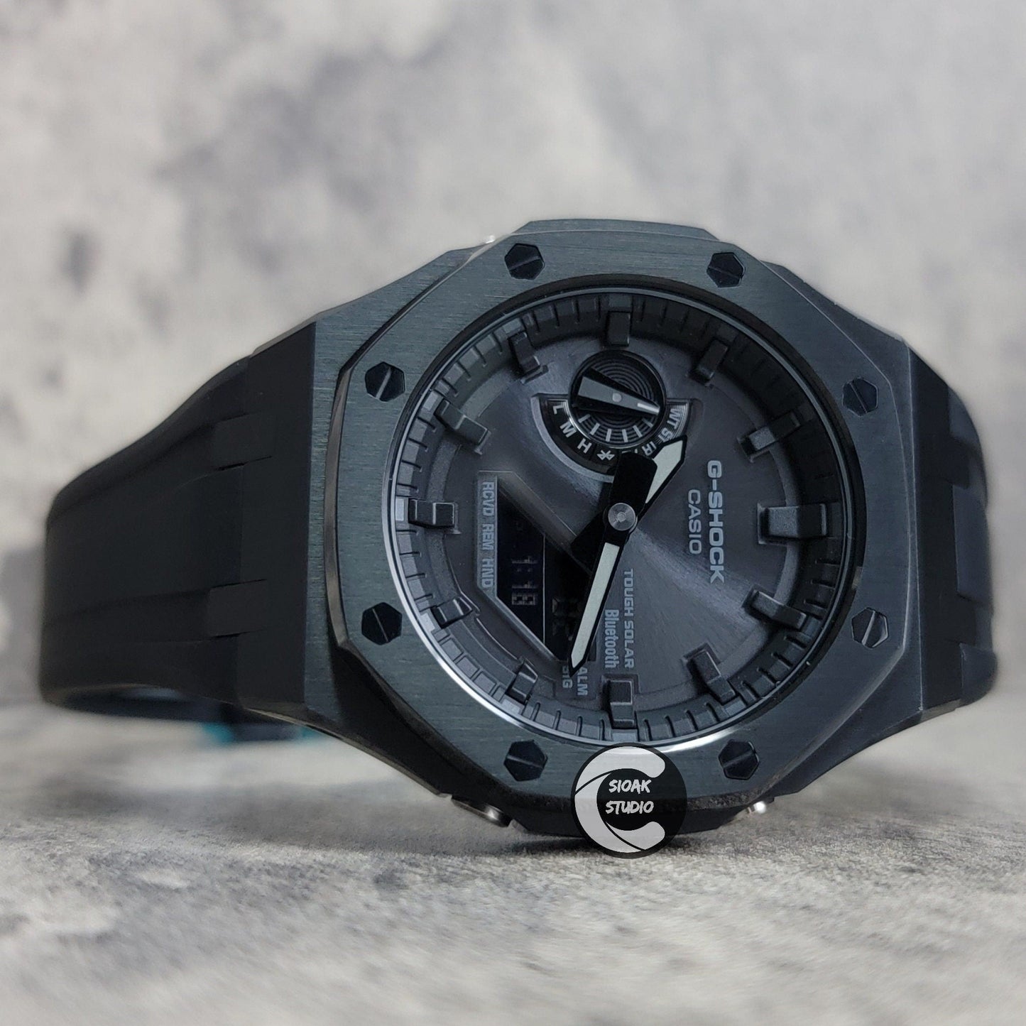 Casioak Mod Watch Solar Bluetooth Black Case Black Rubber Strap Black Time Mark Black Dial 44mm- Casioak Mod Casio G-Shock Royal Oak Custom Mens Luxury Watches Ga2100