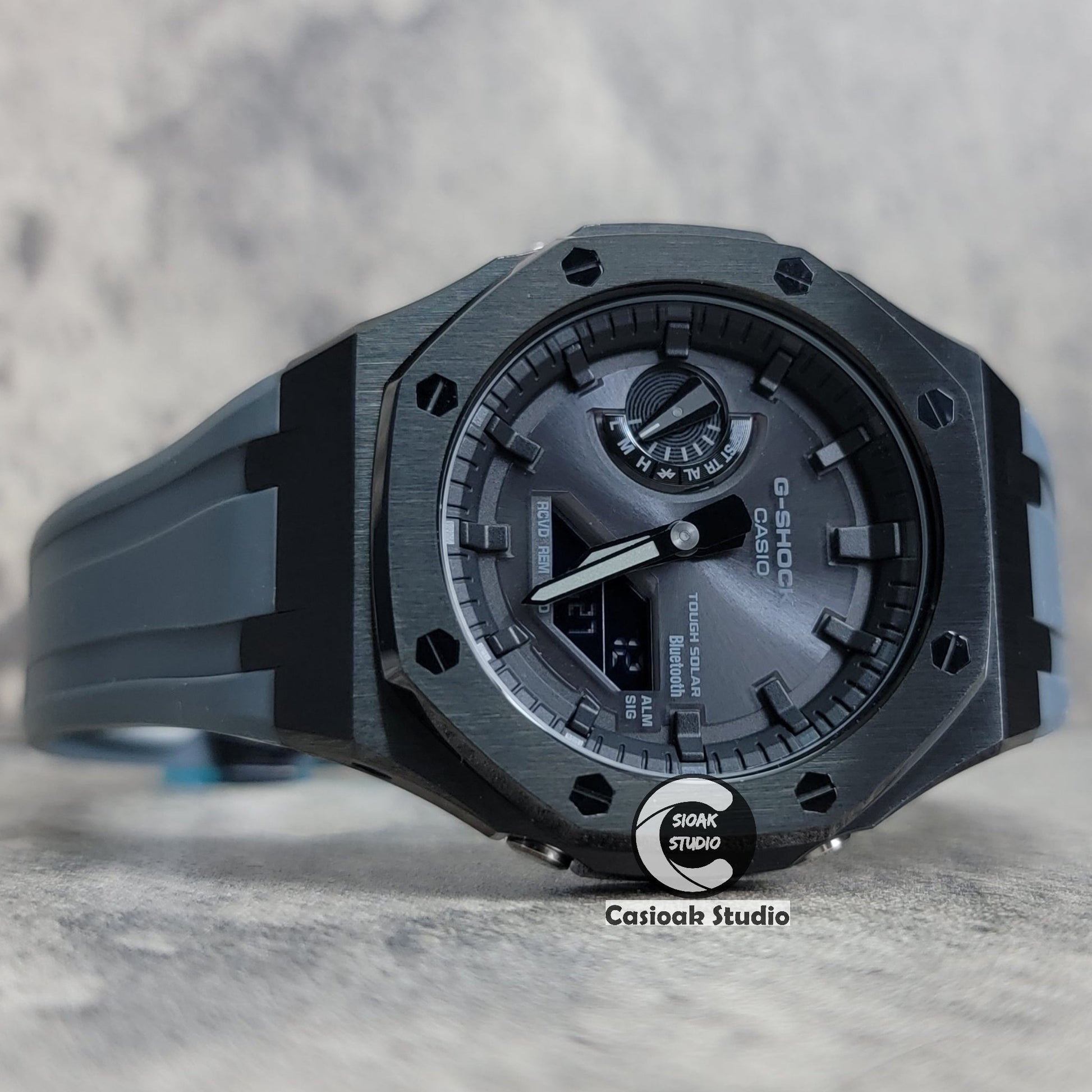 Casioak Mod Watch Solar Bluetooth Black Case Gray Rubber Strap Black Time Mark Black Dial 44mm- Casioak Mod Casio G-Shock Royal Oak Custom Mens Luxury Watches Ga2100