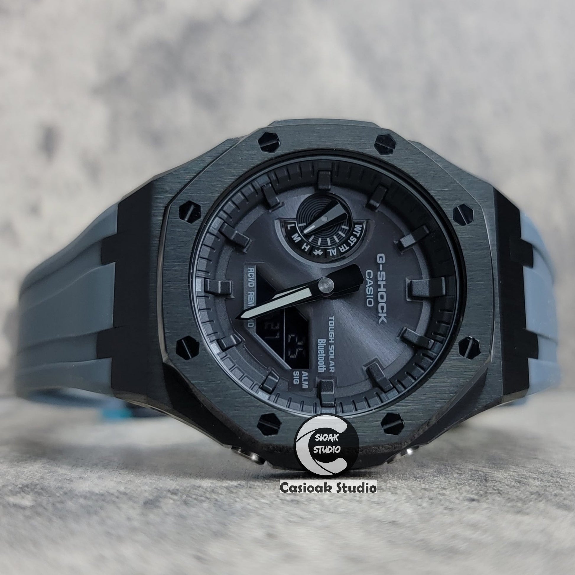 Casioak Mod Watch Solar Bluetooth Black Case Gray Rubber Strap Black Time Mark Black Dial 44mm- Casioak Mod Casio G-Shock Royal Oak Custom Mens Luxury Watches Ga2100