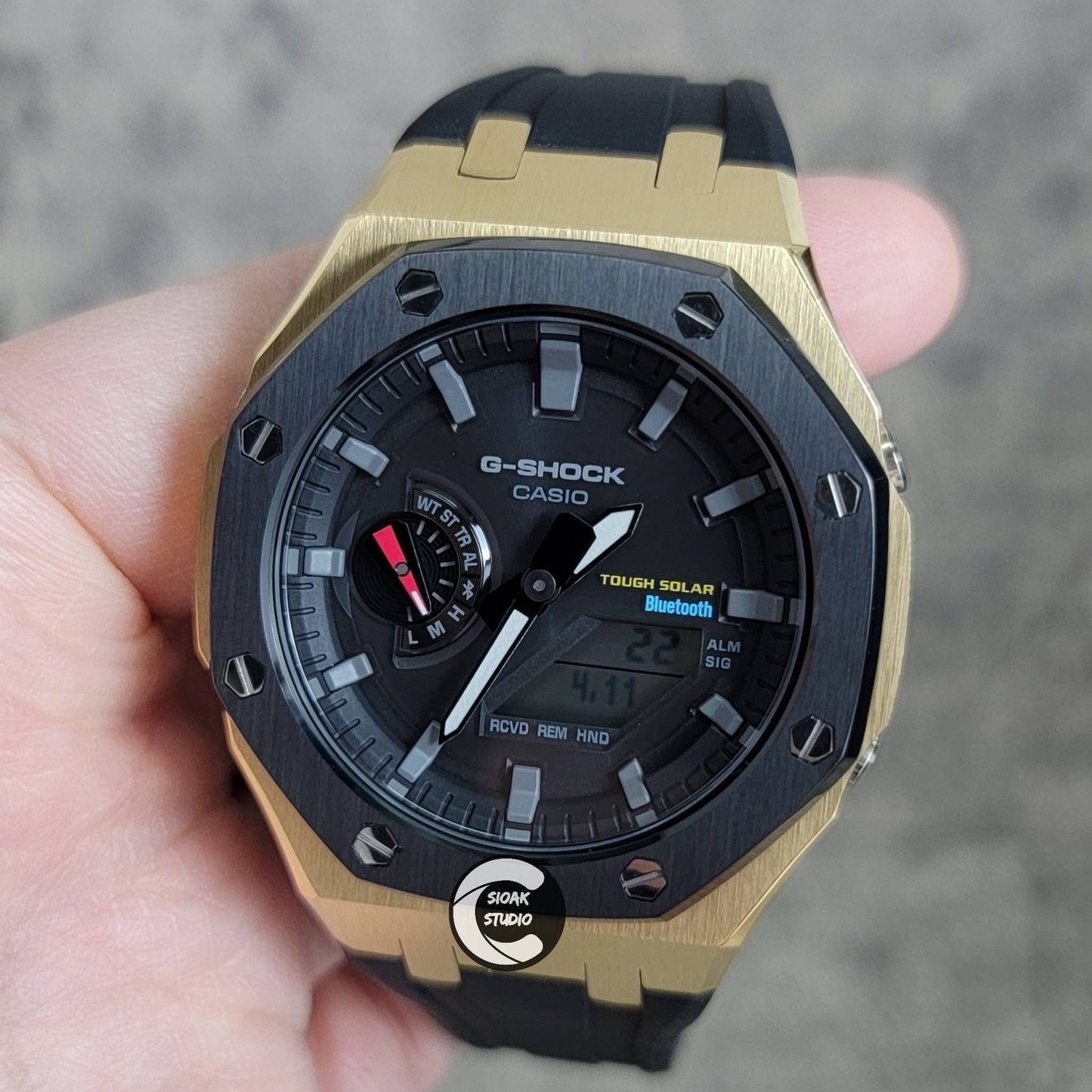 Casioak Mod Watch Solar Bluetooth Black Gold Case Black Rubber Strap Black Gray Time Mark Black Dial 44mm- Casioak Mod Casio G-Shock Royal Oak Custom Mens Luxury Watches Ga2100