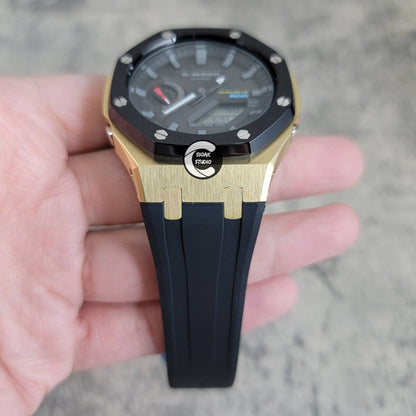 Casioak Mod Watch Solar Bluetooth Black Gold Case Black Rubber Strap Black Gray Time Mark Black Dial 44mm- Casioak Mod Casio G-Shock Royal Oak Custom Mens Luxury Watches Ga2100