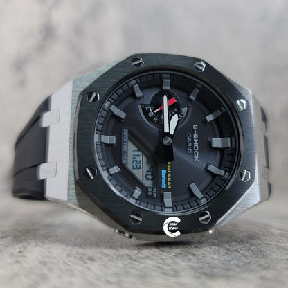 Casioak Mod Watch Solar Bluetooth Black Silver Case Black Rubber Strap Black Gray Time Mark Black Dial 44mm- Casioak Mod Casio G-Shock Royal Oak Custom Mens Luxury Watches Ga2100