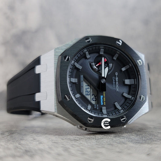 Casioak Mod Watch Solar Bluetooth Black Silver Case Black Rubber Strap Black Gray Time Mark Black Dial 44mm- Casioak Mod Casio G-Shock Royal Oak Custom Mens Luxury Watches Ga2100