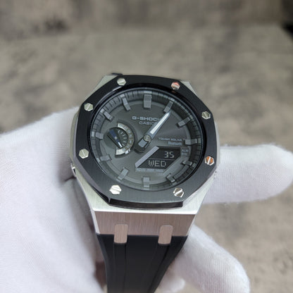 Casioak Mod Watch Solar Bluetooth Black Silver Case Black Rubber Strap Black Gray Time Mark Black Gray Dial 44mm G SHOCK CUSTOM- Casioak Mod Casio G-Shock Royal Oak Custom Mens Luxury Watches Ga2100