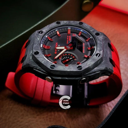 Casioak Mod Watch Solar Bluetooth Carbon Fiber Offshore Superior Black Case Red Strap Black Red Time Mark Black Dial 44mm- Casioak Mod Casio G-Shock Royal Oak Custom Mens Luxury Watches Ga2100