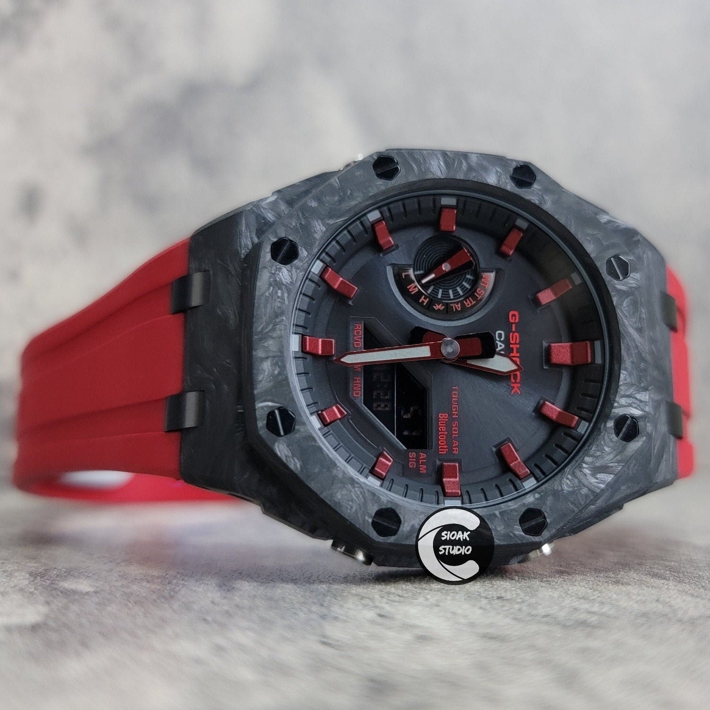 Casioak Mod Watch Solar Bluetooth Carbon Fiber Offshore Superior Black Case Red Strap Black Red Time Mark Black Dial 44mm- Casioak Mod Casio G-Shock Royal Oak Custom Mens Luxury Watches Ga2100