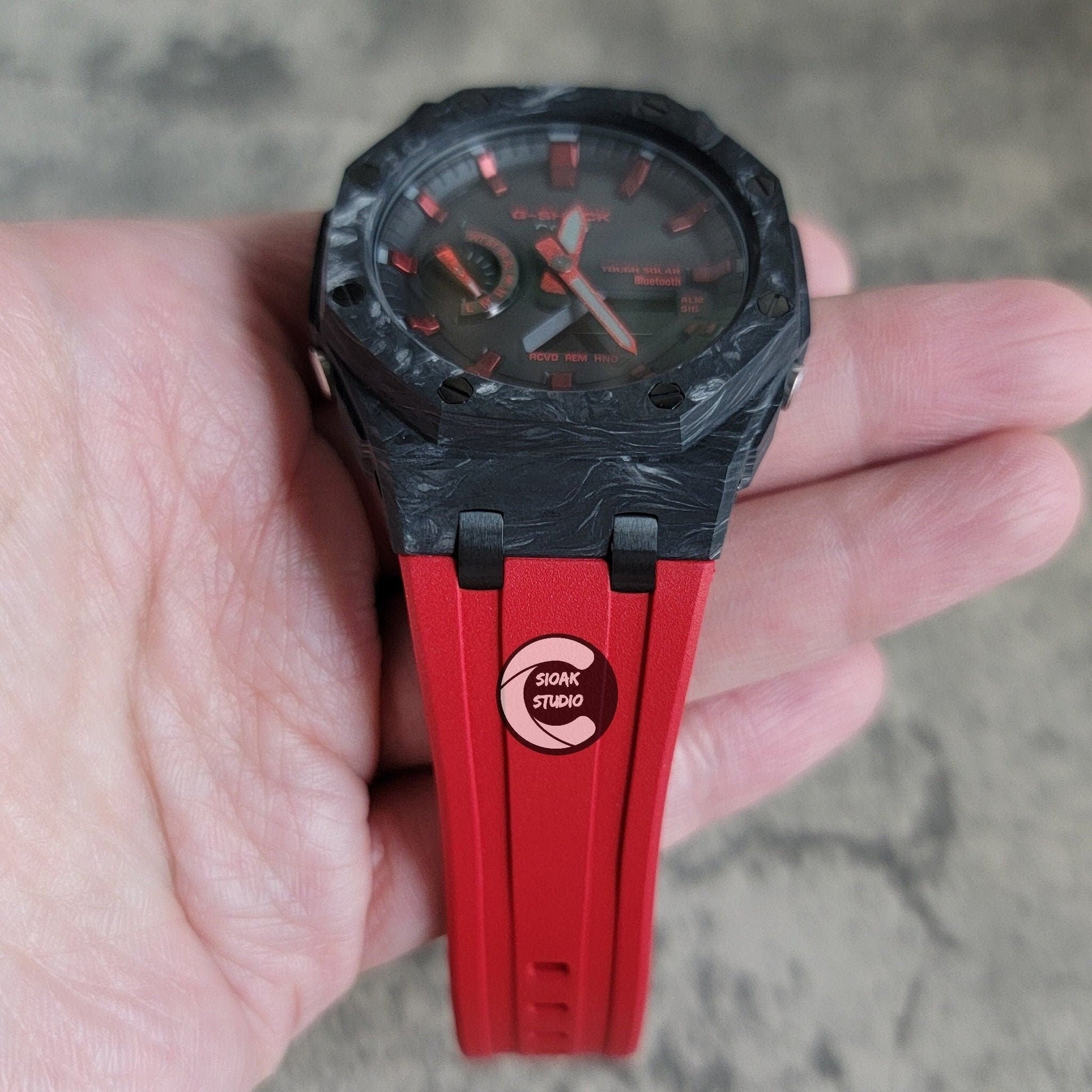 Casioak Mod Watch Solar Bluetooth Carbon Fiber Offshore Superior Black Case Red Strap Black Red Time Mark Black Dial 44mm- Casioak Mod Casio G-Shock Royal Oak Custom Mens Luxury Watches Ga2100