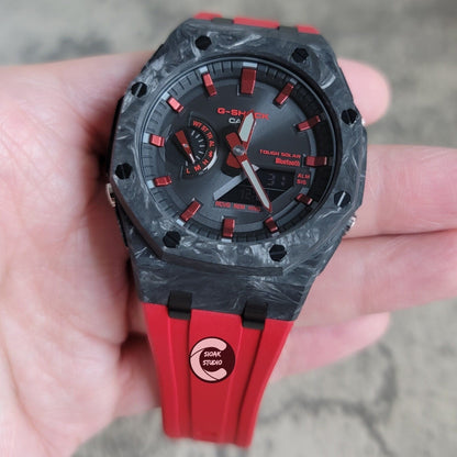 Casioak Mod Watch Solar Bluetooth Carbon Fiber Offshore Superior Black Case Red Strap Black Red Time Mark Black Dial 44mm- Casioak Mod Casio G-Shock Royal Oak Custom Mens Luxury Watches Ga2100