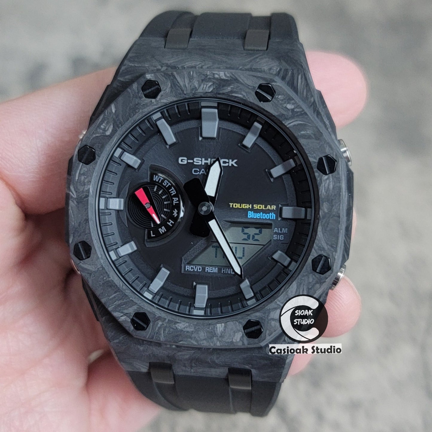 Casioak Mod Watch Solar Bluetooth Carbon Fiber Superior Black Case Black Strap Black Gray Time Mark Black Dial 44mm- Casioak Mod Casio G-Shock Royal Oak Custom Mens Luxury Watches Ga2100