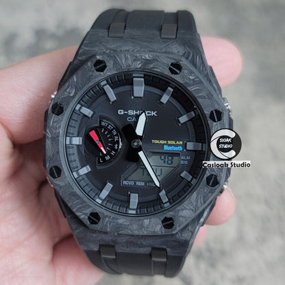 Casioak Mod Watch Solar Bluetooth Carbon Fiber Superior Black Case Black Strap Black Gray Time Mark Black Dial 44mm- Casioak Mod Casio G-Shock Royal Oak Custom Mens Luxury Watches Ga2100