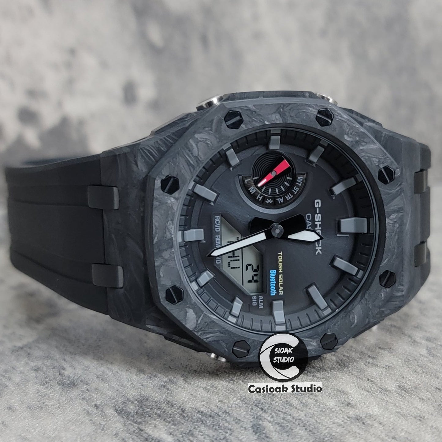 Casioak Mod Watch Solar Bluetooth Carbon Fiber Superior Black Case Black Strap Black Gray Time Mark Black Dial 44mm- Casioak Mod Casio G-Shock Royal Oak Custom Mens Luxury Watches Ga2100