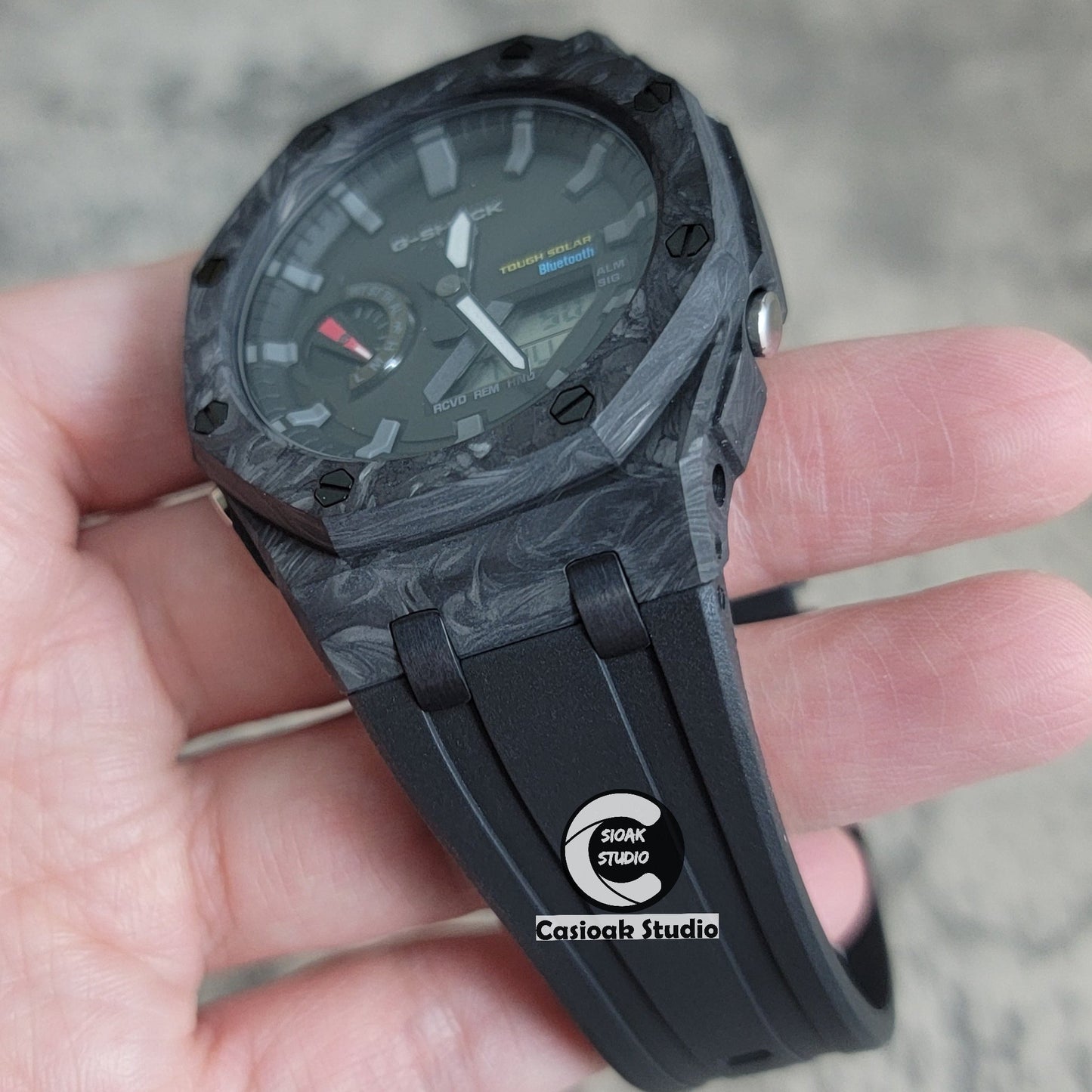 Casioak Mod Watch Solar Bluetooth Carbon Fiber Superior Black Case Black Strap Black Gray Time Mark Black Dial 44mm- Casioak Mod Casio G-Shock Royal Oak Custom Mens Luxury Watches Ga2100