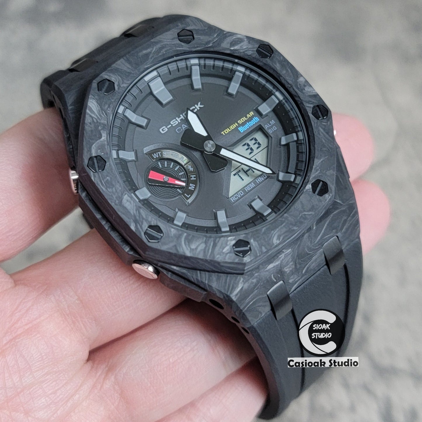 Casioak Mod Watch Solar Bluetooth Carbon Fiber Superior Black Case Black Strap Black Gray Time Mark Black Dial 44mm- Casioak Mod Casio G-Shock Royal Oak Custom Mens Luxury Watches Ga2100