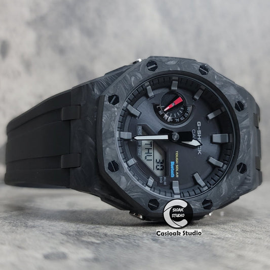 Casioak Mod Watch Solar Bluetooth Carbon Fiber Superior Black Case Black Strap Black Gray Time Mark Black Dial 44mm- Casioak Mod Casio G-Shock Royal Oak Custom Mens Luxury Watches Ga2100