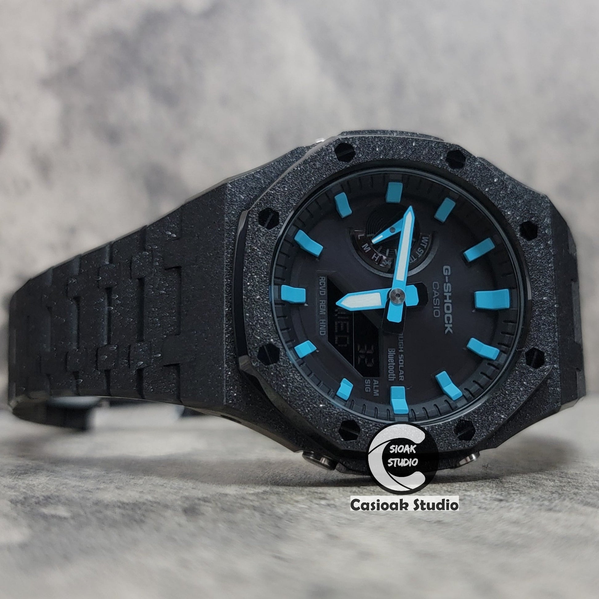 Casioak Mod Watch Solar Bluetooth Frosted Black Case Metal Strap Black Blue Time Mark Black Dial 44mm- Casioak Mod Casio G-Shock Royal Oak Custom Mens Luxury Watches Ga2100