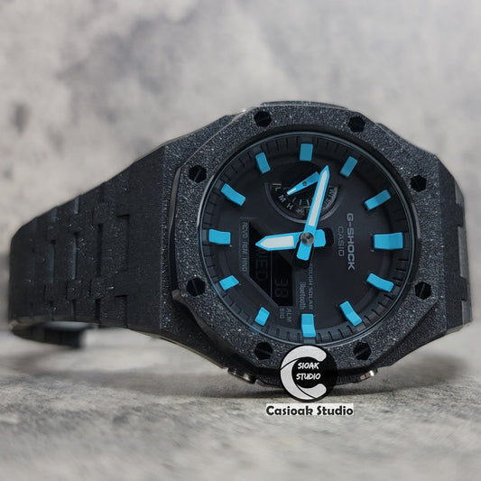 Casioak Mod Watch Solar Bluetooth Frosted Black Case Metal Strap Black Blue Time Mark Black Dial 44mm- Casioak Mod Casio G-Shock Royal Oak Custom Mens Luxury Watches Ga2100