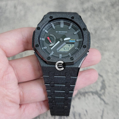 Casioak Mod Watch Solar Bluetooth Frosted Black Case Metal Strap Black Gray Time Mark Black Dial 44mm- Casioak Mod Casio G-Shock Royal Oak Custom Mens Luxury Watches Ga2100