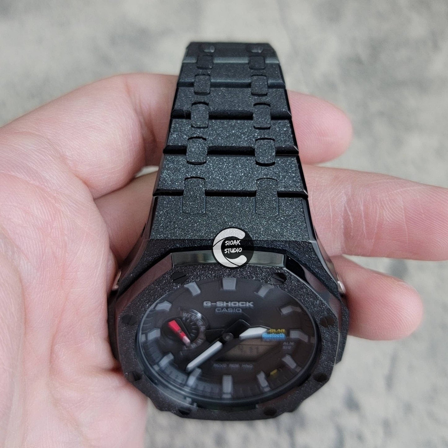 Casioak Mod Watch Solar Bluetooth Frosted Black Case Metal Strap Black Gray Time Mark Black Dial 44mm- Casioak Mod Casio G-Shock Royal Oak Custom Mens Luxury Watches Ga2100