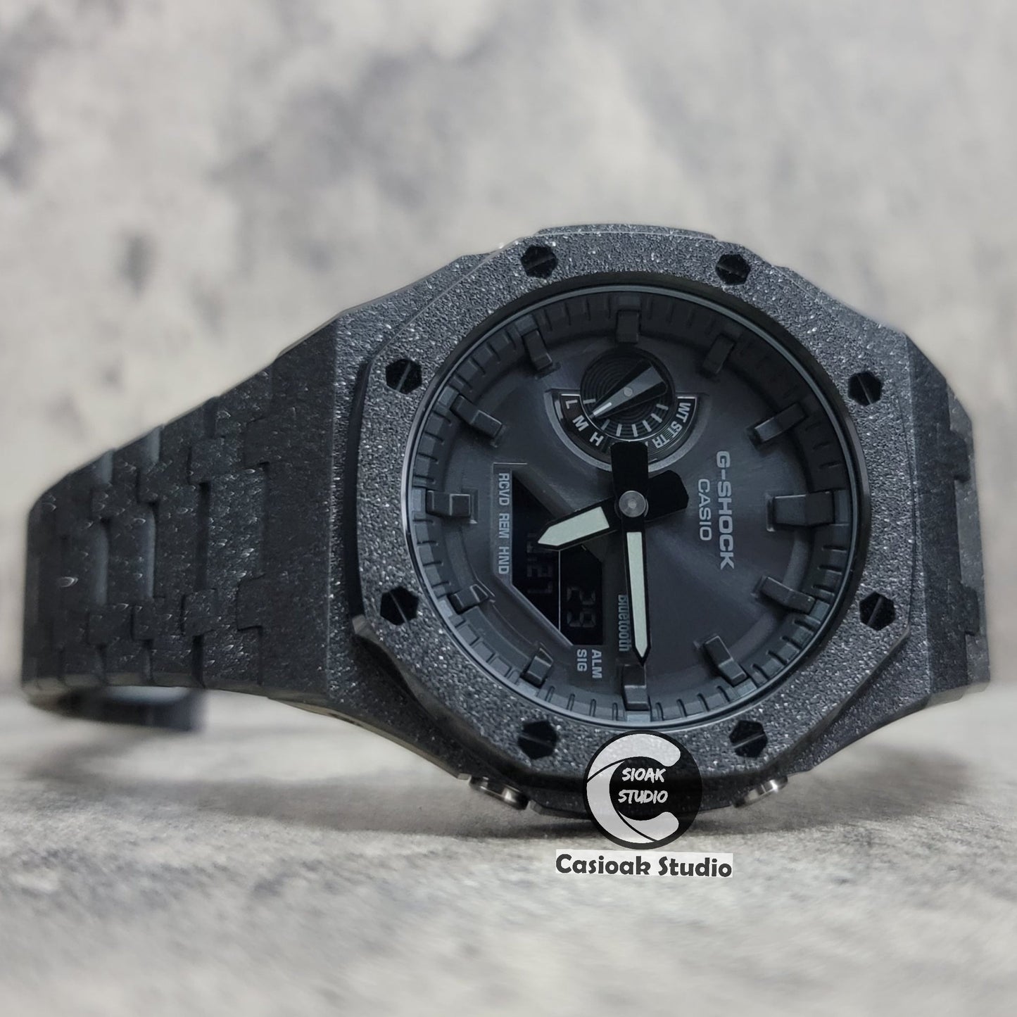 Casioak Mod Watch Solar Bluetooth Frosted Black Case Metal Strap Black Time Mark Black Dial 44mm- Casioak Mod Casio G-Shock Royal Oak Custom Mens Luxury Watches Ga2100