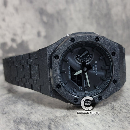 Casioak Mod Watch Solar Bluetooth Frosted Black Case Metal Strap Black Time Mark Black Dial 44mm- Casioak Mod Casio G-Shock Royal Oak Custom Mens Luxury Watches Ga2100