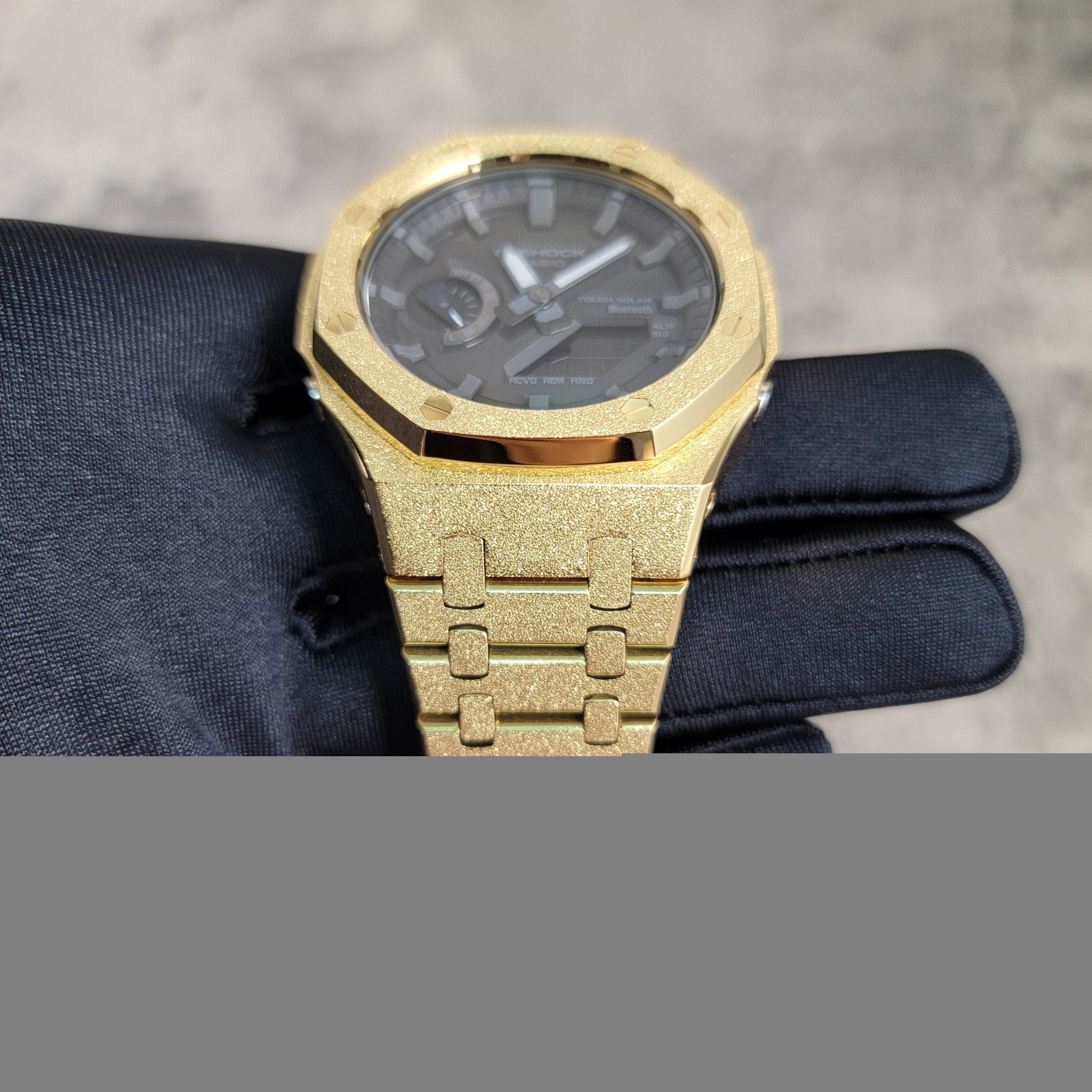 Casioak Mod Watch Solar Bluetooth Frosted Gold Case Metal Strap Black Gray Time Mark Black Dial 44mm G SHOCK CUSTOM- Casioak Mod Casio G-Shock Royal Oak Custom Mens Luxury Watches Ga2100