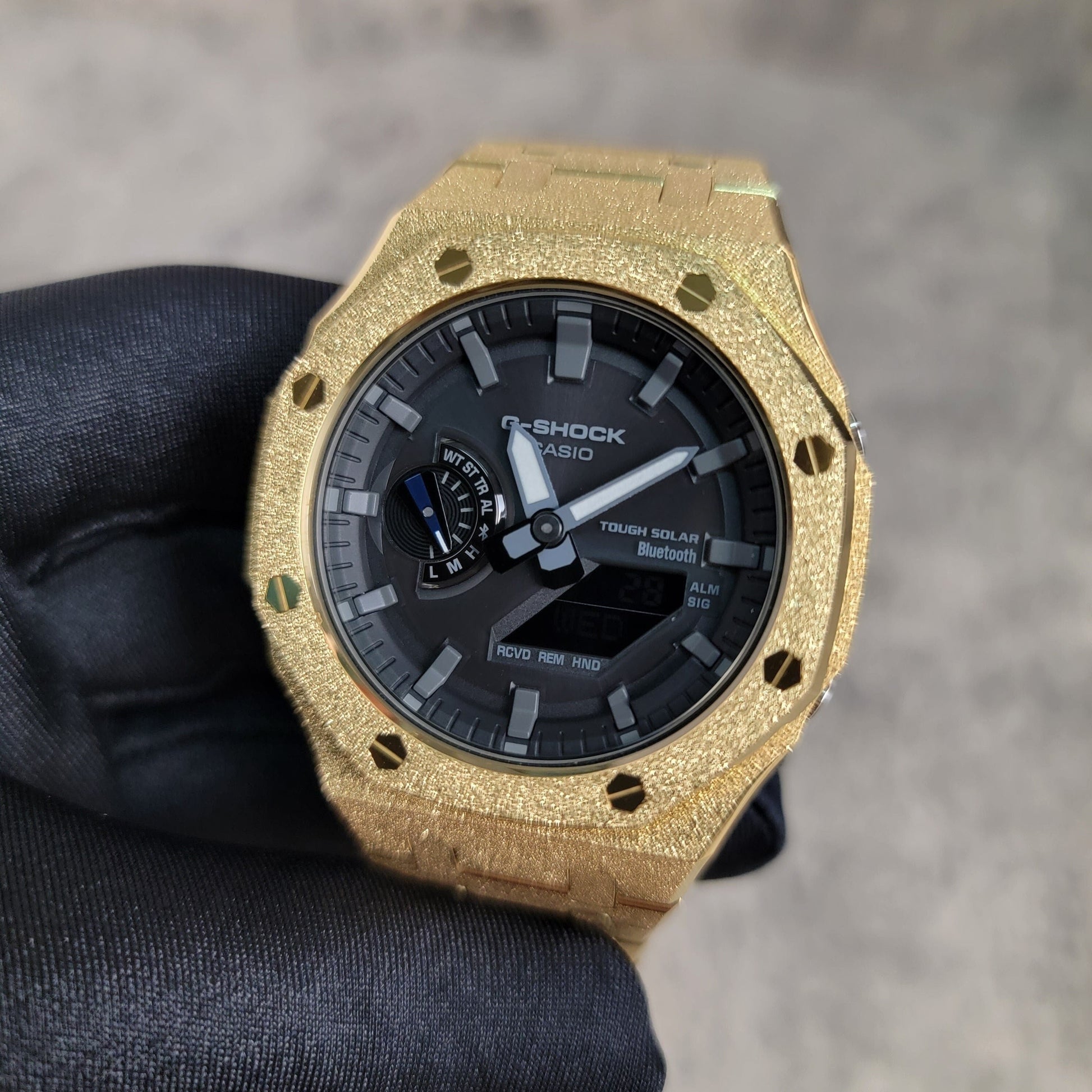 Casioak Mod Watch Solar Bluetooth Frosted Gold Case Metal Strap Black Gray Time Mark Black Dial 44mm G SHOCK CUSTOM- Casioak Mod Casio G-Shock Royal Oak Custom Mens Luxury Watches Ga2100