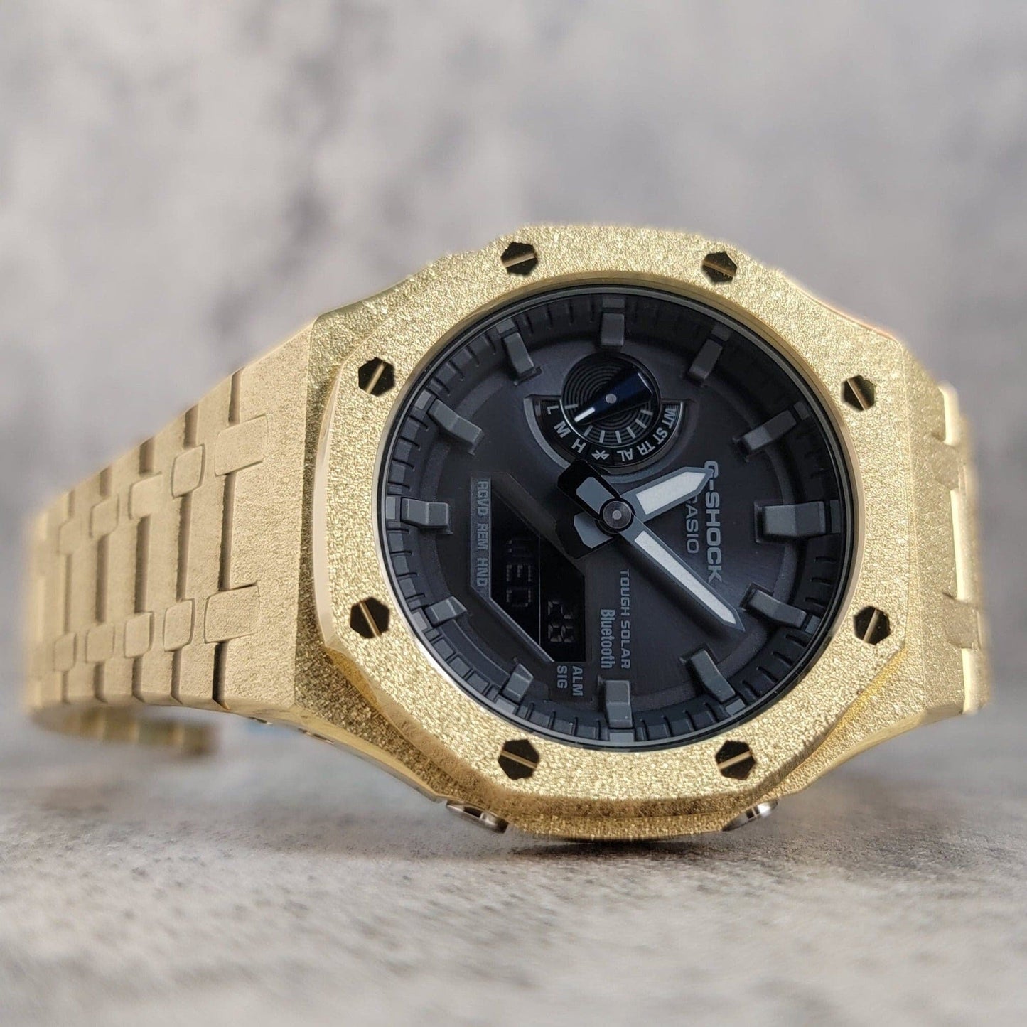 Casioak Mod Watch Solar Bluetooth Frosted Gold Case Metal Strap Black Gray Time Mark Black Dial 44mm G SHOCK CUSTOM- Casioak Mod Casio G-Shock Royal Oak Custom Mens Luxury Watches Ga2100