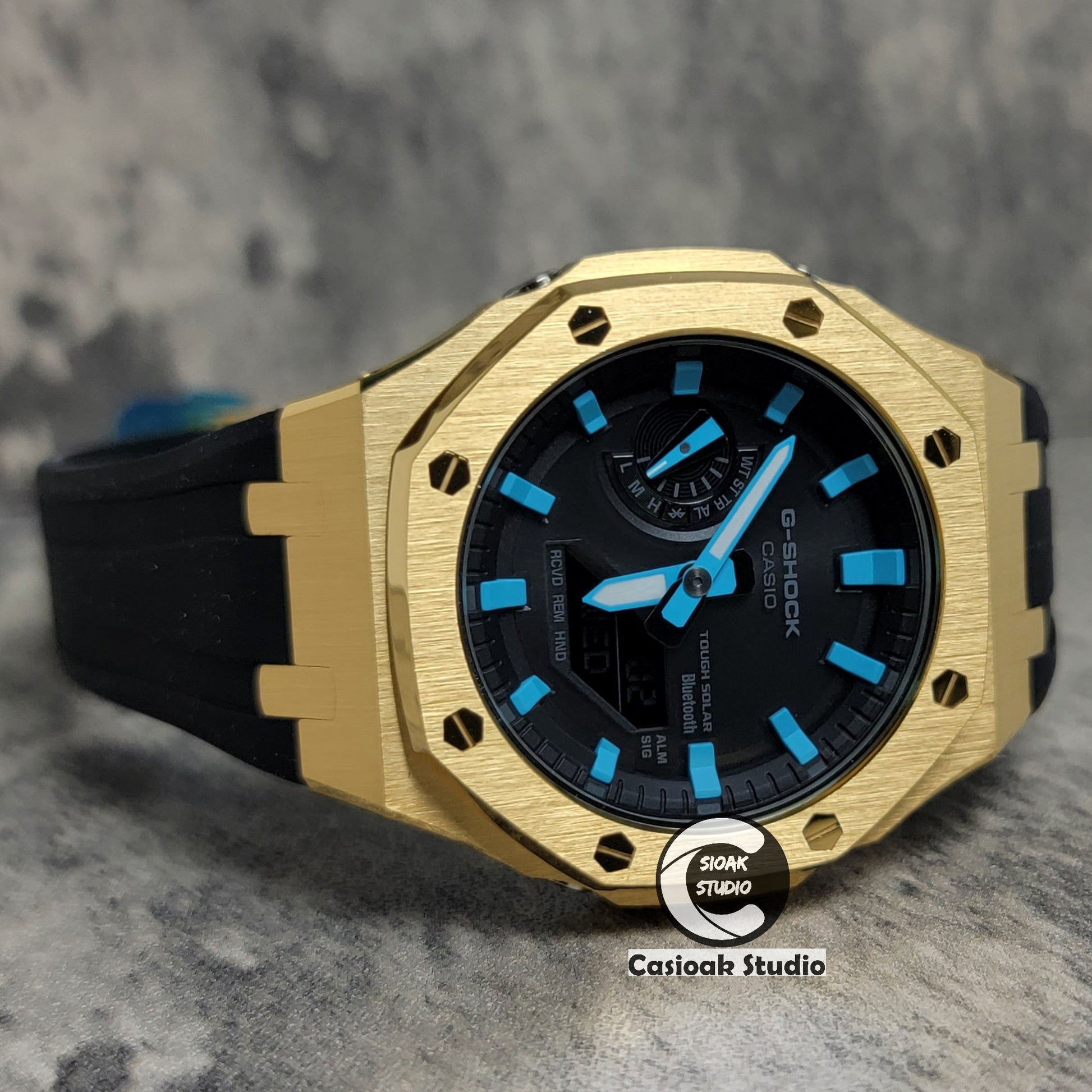 Casioak Mod Watch Solar Bluetooth Gold Case Black Rubber Strap Black Tiff Time Mark Black Dial 44mm- Casioak Mod Casio G-Shock Royal Oak Custom Mens Luxury Watches Ga2100