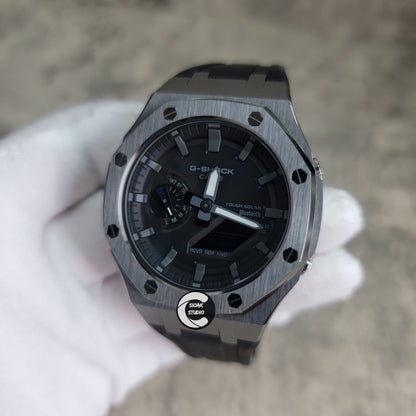 Casioak Mod Watch Solar Bluetooth Gray Case Black Rubber Strap Black Gray Time Mark Black Dial 44mm- Casioak Mod Casio G-Shock Royal Oak Custom Mens Luxury Watches Ga2100