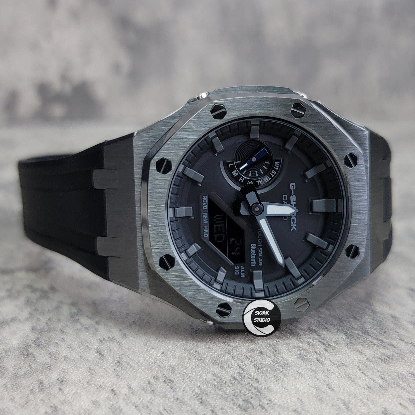 Casioak Mod Watch Solar Bluetooth Gray Case Black Rubber Strap Black Gray Time Mark Black Dial 44mm- Casioak Mod Casio G-Shock Royal Oak Custom Mens Luxury Watches Ga2100