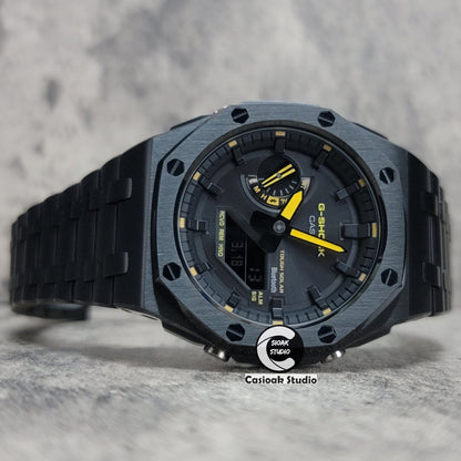 Casioak Mod Watch Solar Bluetooth Offshore Superior Black Case Metal Strap Black Time Mark Black Dial Yellow Hands 44mm- Casioak Mod Casio G-Shock Royal Oak Custom Mens Luxury Watches Ga2100