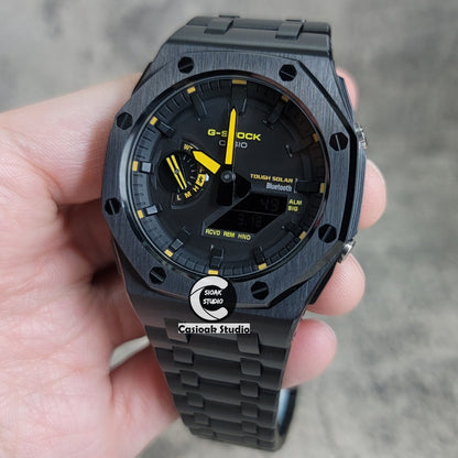 Casioak Mod Watch Solar Bluetooth Offshore Superior Black Case Metal Strap Black Time Mark Black Dial Yellow Hands 44mm- Casioak Mod Casio G-Shock Royal Oak Custom Mens Luxury Watches Ga2100