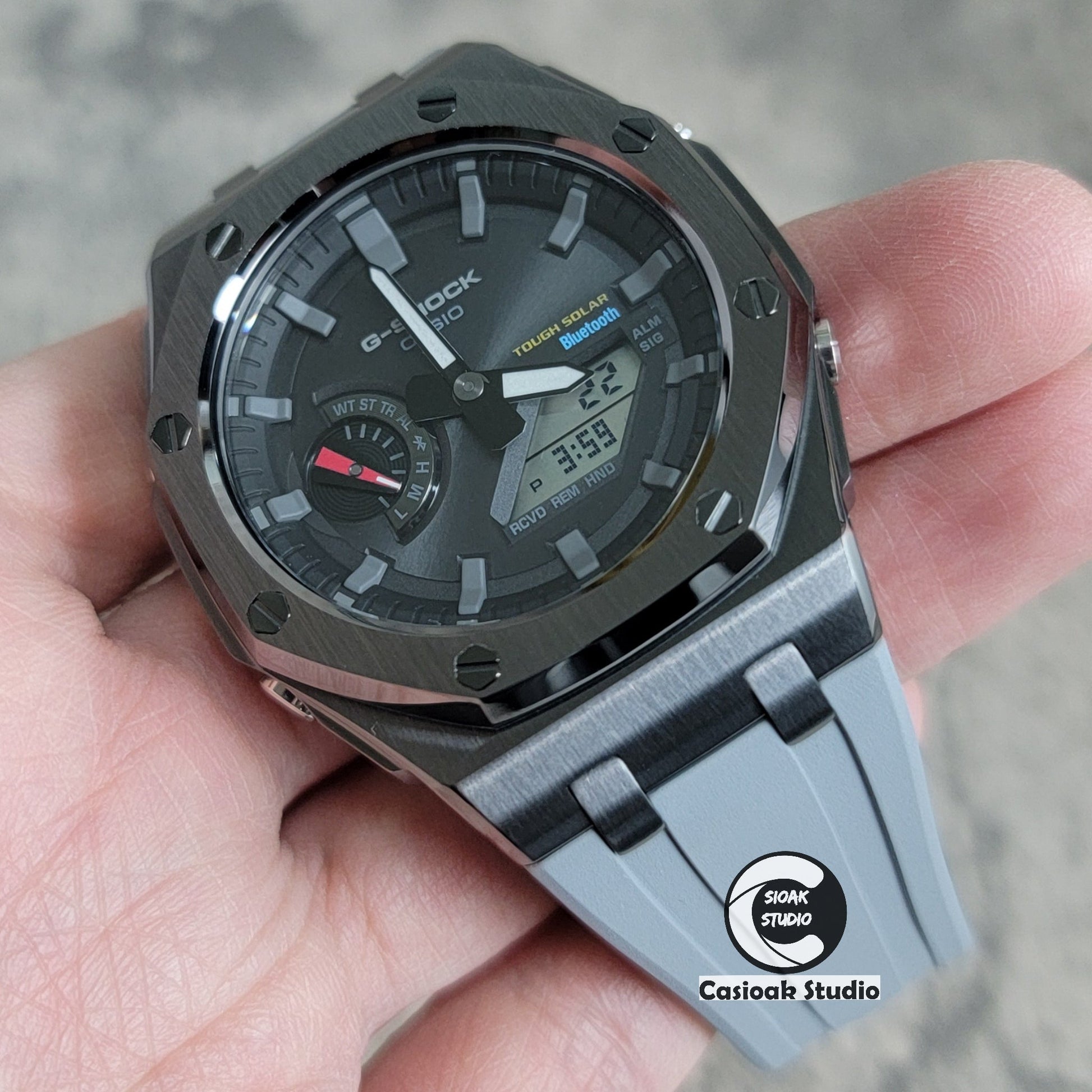 Casioak Mod Watch Solar Bluetooth Offshore Superior Case Gray Rubber Strap Black Gray Time Mark Black Dial 44mm- Casioak Mod Casio G-Shock Royal Oak Custom Mens Luxury Watches Ga2100