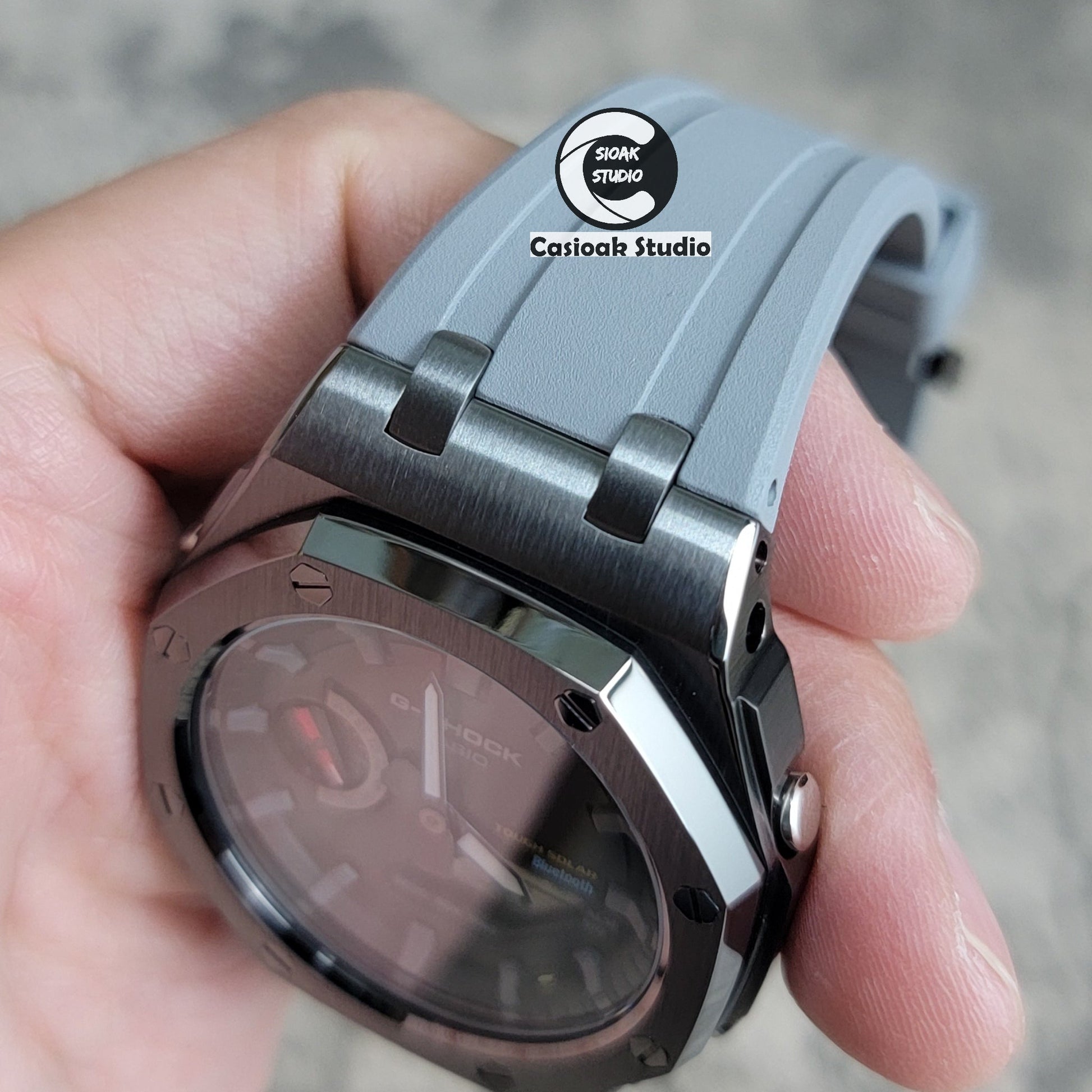 Casioak Mod Watch Solar Bluetooth Offshore Superior Case Gray Rubber Strap Black Gray Time Mark Black Dial 44mm- Casioak Mod Casio G-Shock Royal Oak Custom Mens Luxury Watches Ga2100